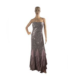 Badgley Mischka Women’s Purple Strapless Sequined Ruffled Chiffon Dress Size 14